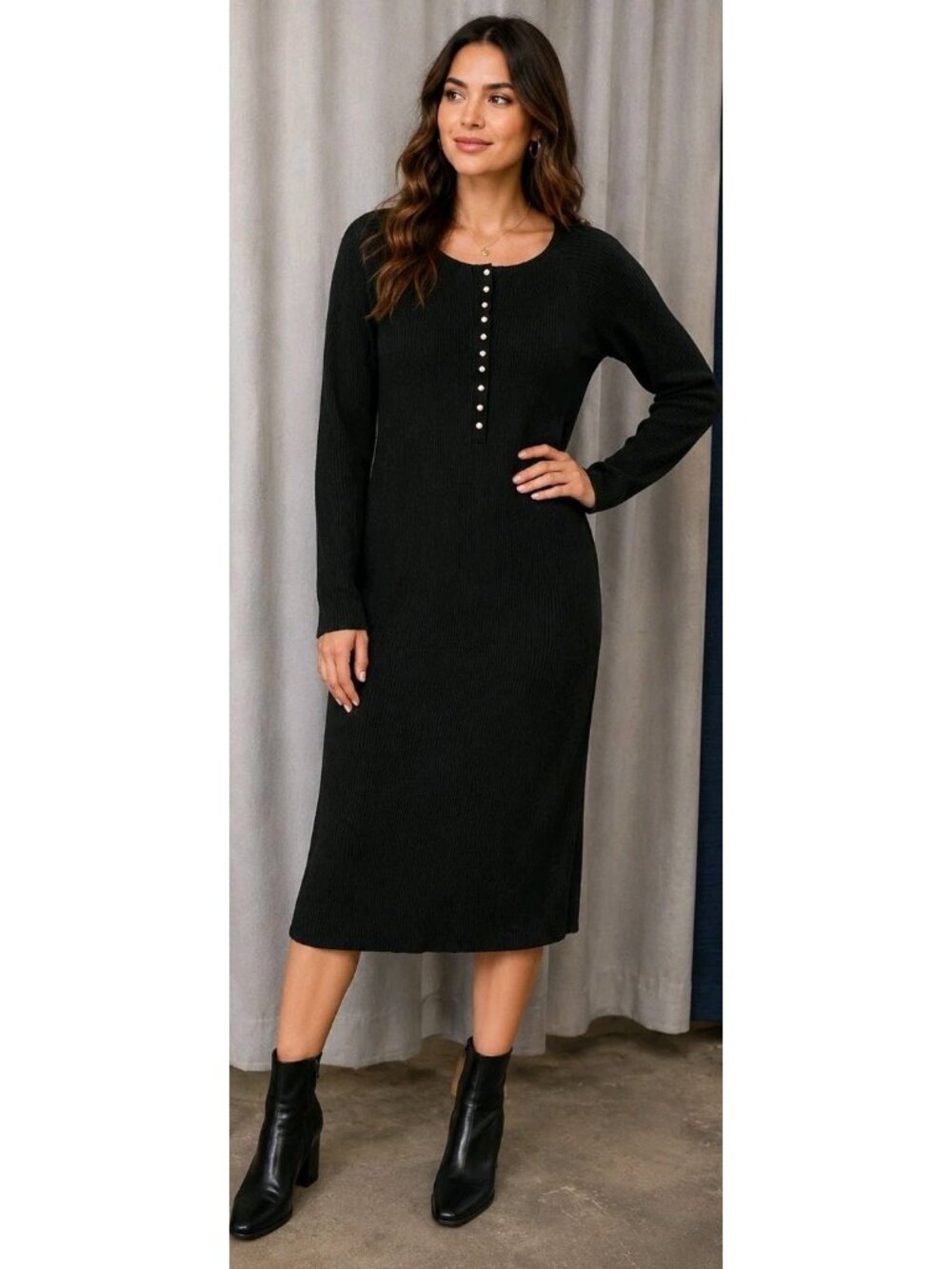 Universal Thread Black XL Ribbed Henley Sweater Dress Long Sleeve Midi. Wl442
